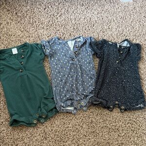 Set of Three Baby Rompers in Green, Blue, and Black